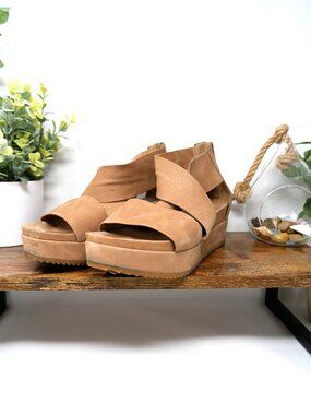 Eileen Fisher Elon Tan Leather Platform Crisscross Wedge Sandal Size 9.5